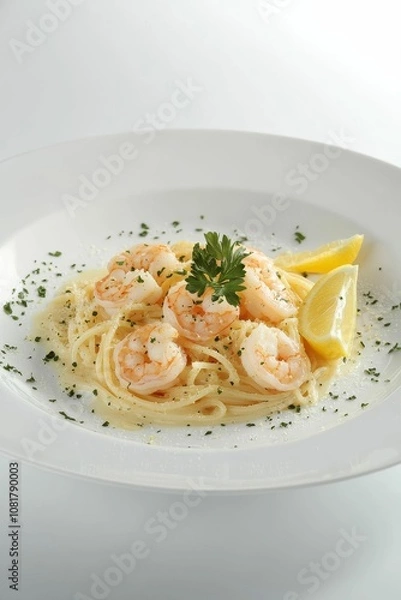 Obraz Lemon shrimp pasta with parsley.