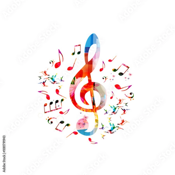Fototapeta Music notes background. Colorful G-clef and music notes isolated vector illustration
