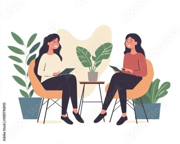 Fototapeta Two Asian women in casual discussion at coworking space, teamwork and creative collaboration