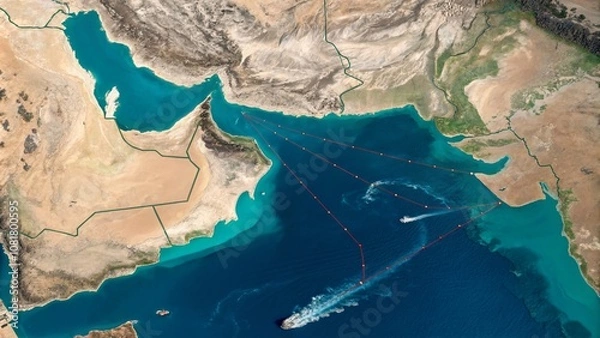 Fototapeta Aerial View of the Strategic Hormuz Strait Highlighted on a Detailed Map Illustrating Maritime Routes and Geopolitical Importance in the Middle East Region