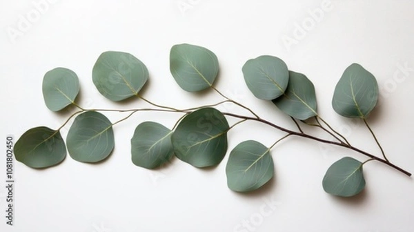Obraz A single eucalyptus branch with rounded green leaves, arranged neatly on a clean white surface 