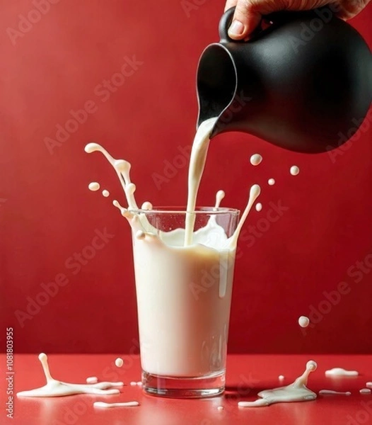 Obraz Glass of milk on the table with a red background