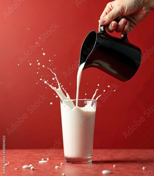 Obraz Glass of milk on the table with a red background