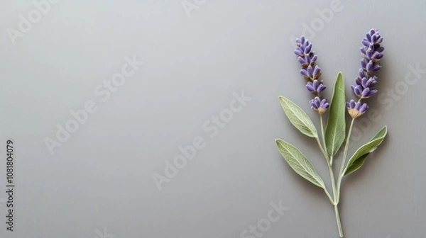 Fototapeta A single lavender sprig with soft green leaves, arranged neatly on a minimalist grey background