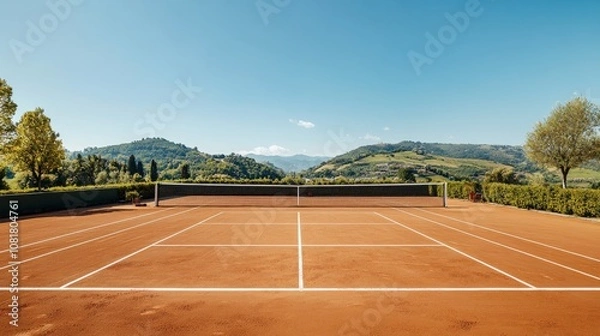 Fototapeta A picturesque outdoor tennis court with red clay surface, white lines, and a backdrop of green hills and clear sky
