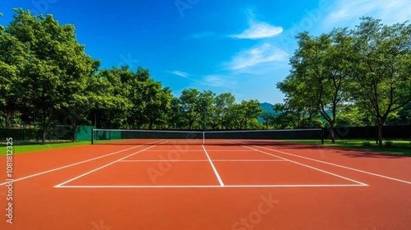 Fototapeta A quiet outdoor tennis court with freshly painted lines and nets, surrounded by vibrant green trees and a bright blue sky, early afternoon light enhancing the calm atmosphere