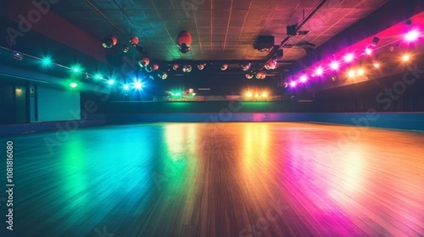Obraz A roller skating rink with smooth wooden flooring, indoor setting with vibrant disco lights, Retro style