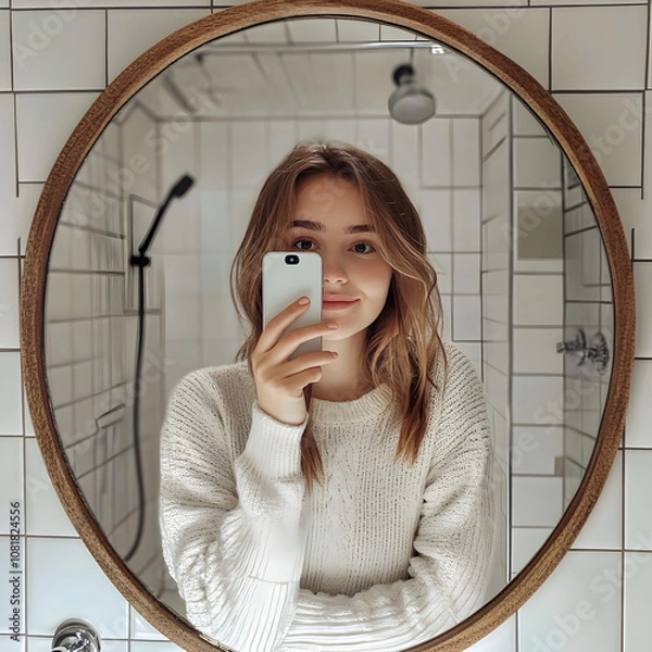 Fototapeta A woman taking a selfie photo in a bathroom mirror 