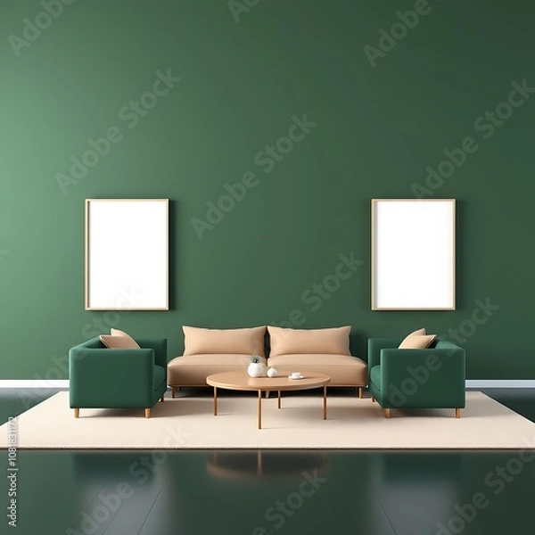 Fototapeta Symmetrical 3D render of a minimalist living room with contrasting dark green and beige tones, with two identical frames on either side of the wall.