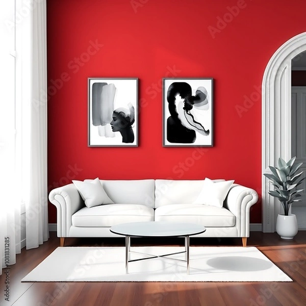 Fototapeta A 3D-rendered living room with a monochrome palette, featuring a bold red accent wall and two abstract framed art pieces.