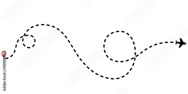 Fototapeta Dotted line path of an airplane with travel destination marker.