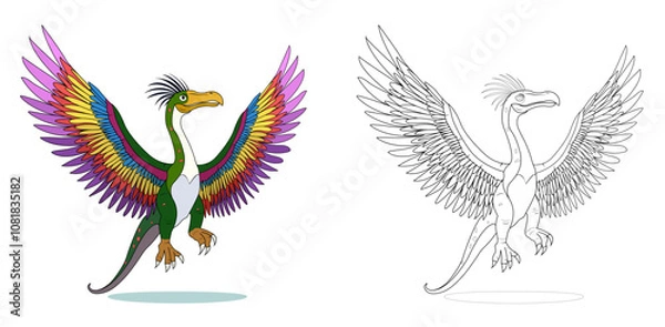 Fototapeta Quetzalcoatlus hand drawn winged dinosaur for coloring book, vector illustrations for kids. Anti-stress coloring for kids and children. Dinosaur in two versions, colored and black and white.
