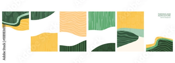 Fototapeta Abstract geometric pattern of sustainable agriculture. Green field illustration, rice, wheat, tea, vineyard, corn, forest in eco-friendly design. Modern, flat layout, aerial map, organic countryside