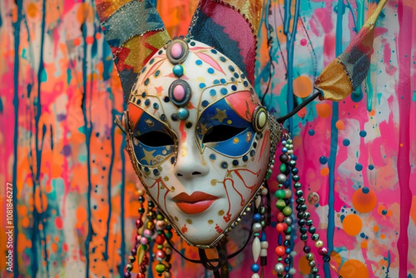 Fototapeta A whimsical Mardi Gras mask with playful patterns, bold colors, cascading beads, and a dreamlike background, evoking a surreal and enchanting atmosphere.