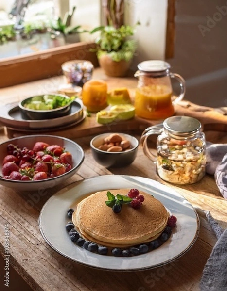 Obraz Rustic Kitchen With Freshly Brewed Herbal Teas, Vegan Pancakes, and Organic Fruits for a Healthy and Relaxing Morning Breakfast Without the Crowd