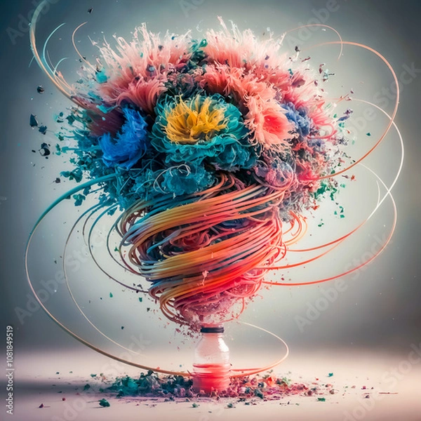Fototapeta Metamorphosis, the transformation of a plastic bottle into a beautiful bouquet of flowers. Conceptual art about waste recycling.
