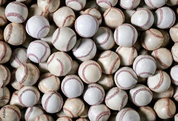 Obraz Top view of a pile of many baseball, close-up sports objects