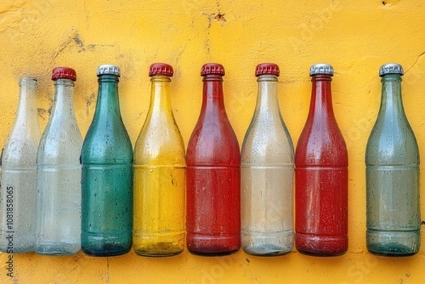 Fototapeta Row of colored glass bottles on wall. These bottles can be used for background, textures, and design.