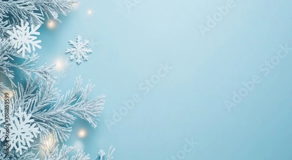 Fototapeta Festive Gradient Blue Winter Background with Snowflakes and Bokeh Lights for Holiday Designs