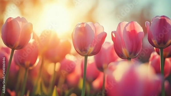 Fototapeta 93.Pink tulips bloom in a vibrant field against the bright sky, with the sun filtering through the flower petals in the background: