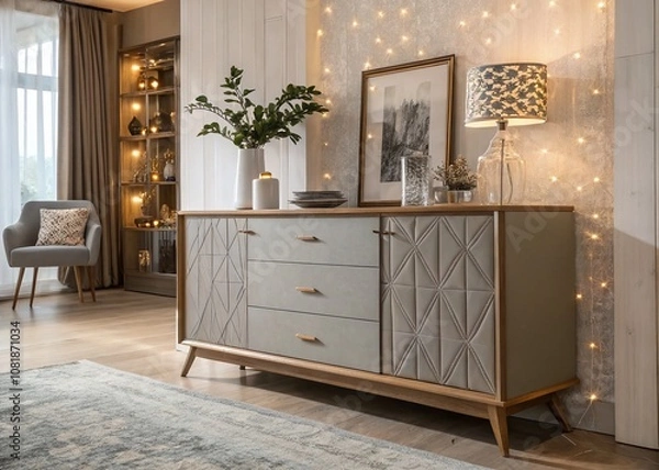 Fototapeta Elegant Gray and Wooden Sideboard Cabinet with Bokeh Effect for Stylish Interior Decor Showcase and Home Organization Inspiration