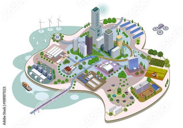 Obraz AIと共に進化を続けるスマートシティの街並みイラスト　バリエーションあり