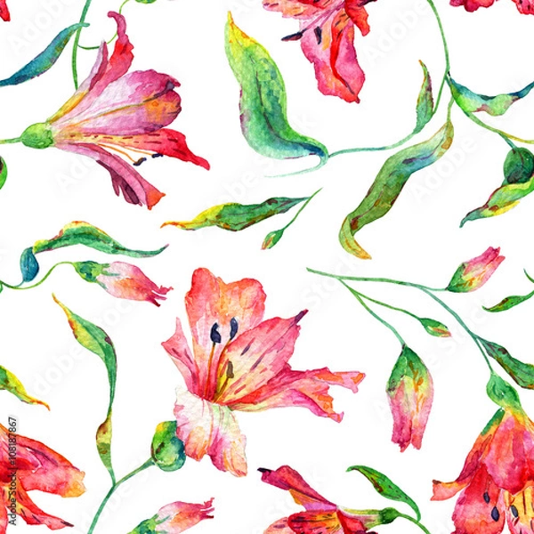 Fototapeta Seamless pattern with red  lilies.