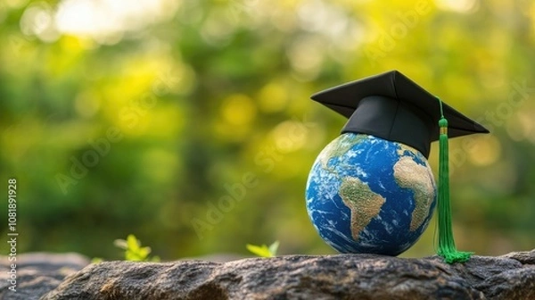 Fototapeta Graduation cap with Earth globe. Concept of global business study