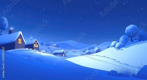 Obraz Snowy Winter Village Landscape with Starry Night Sky, Vector Illustration in Blue Tones, Simple Cartoon Style Design