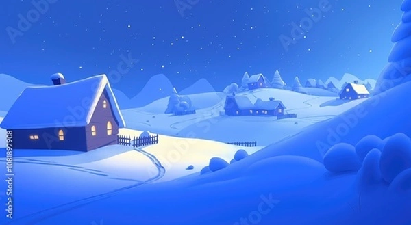 Obraz Snowy Winter Village Landscape with Starry Night Sky, Vector Illustration in Blue Tones, Simple Cartoon Style Design