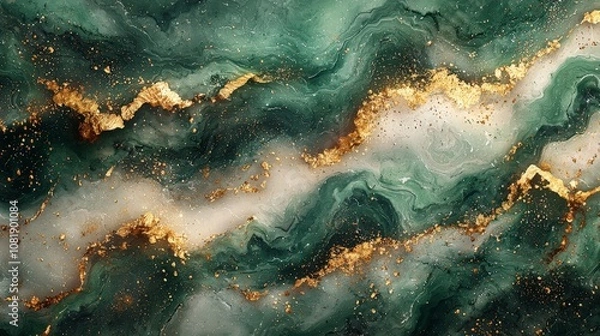Fototapeta Abstract green and gold marbled texture with swirling patterns and speckles.