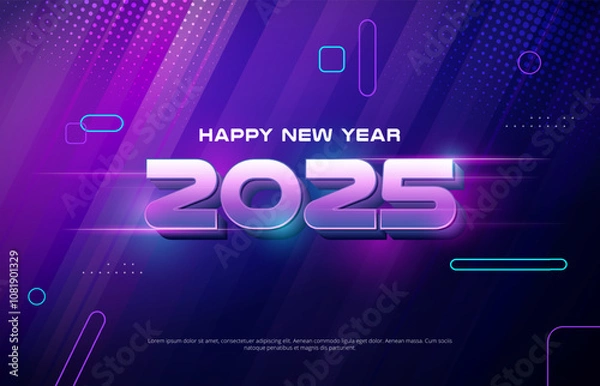 Fototapeta Modern neon coloured new year 2025 background design. Vector holiday template for greeting card, banner, party and social media.