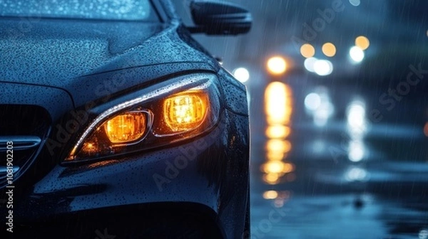 Fototapeta A close-up shot of a car's headlight in the rain at night. The car is parked on a wet street and the headlights are on, illuminating the rain.
