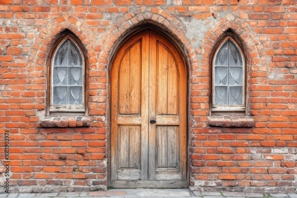 Fototapeta Stunning Red Brick Wall Featuring Two Arched Windows for Architectural Design Projects