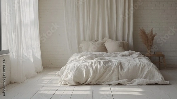Obraz Cozy and Serene Bedroom Interior with Soft Textiles, Natural Light, and Minimalist Decor for a Relaxing Atmosphere in a Modern Home