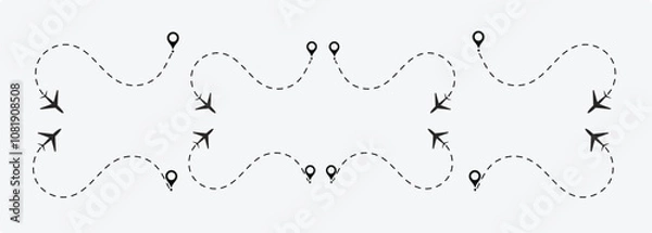 Fototapeta  plane routes dotted paths aircraft travel route start point Flight route with start point and dash line