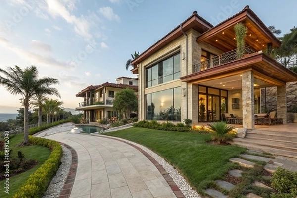 Fototapeta Modern Grunge Luxury Villa Exterior Design Highlighting Contemporary Architecture with Open Spaces and Natural Elements, Perfect for Upscale Living and Relaxation