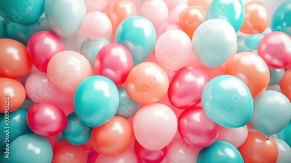 Obraz A colorful cluster of pastel pink, blue, and orange balloons fill the frame, creating a festive and cheerful background.