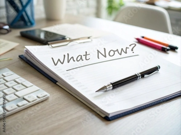 Fototapeta Neatly Arranged Office Desk with 'What Now?' Paper, Pen, and Blurred Background Elements for Decision Making Concept in a Professional Setting