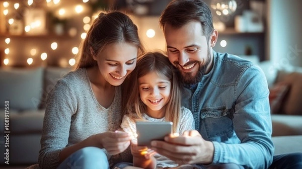 Fototapeta Happy Family Enjoying Secure Internet Connection at Home, Online Safety and Parental Control Concept