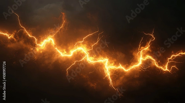 Fototapeta dramatic display of orange and golden lightning bolts illuminates dark sky, creating striking contrast that evokes sense of power and energy