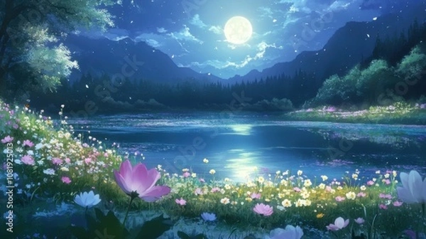Obraz Moonlit Enchantment: A Tranquil Anime Landscape