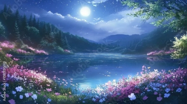 Obraz Moonlit Enchantment: A Tranquil Anime Landscape