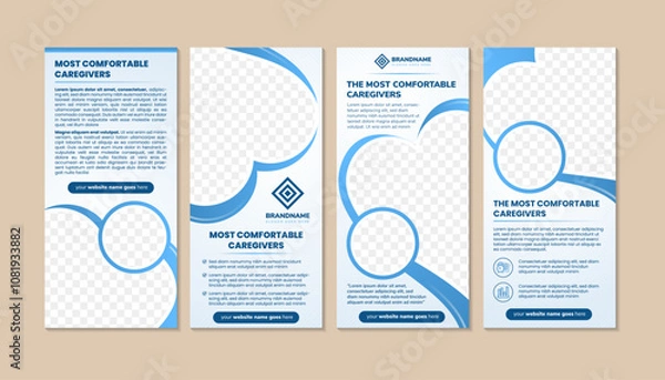 Obraz collection of the most comfortable caregivets vector roll up banner template. Flyer, booklet, printable leaflet design with space for photo. Magazine page, report, vertical layout posters, photo space
