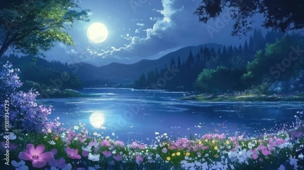 Obraz Moonlit Enchantment: A Tranquil Anime Landscape