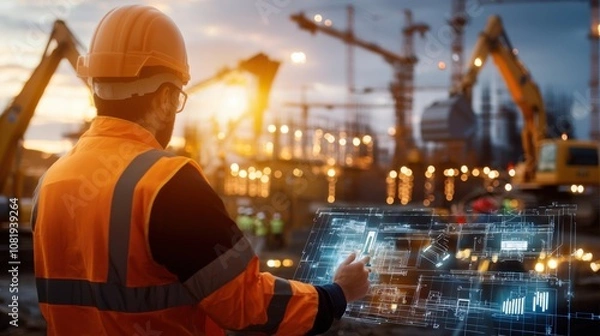 Fototapeta Autonomous construction equipment operating busy site digital monitoring urban environment professional perspective