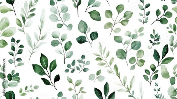 Fototapeta A vibrant assortment of green leaves on a white background, showcasing various botanical shapes and textures.