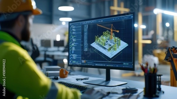 Fototapeta Construction project visualization office digital model indoor close-up realistic bim scene