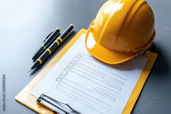 Fototapeta Site inspection action report construction site document overview professional environment top-down view safety compliance