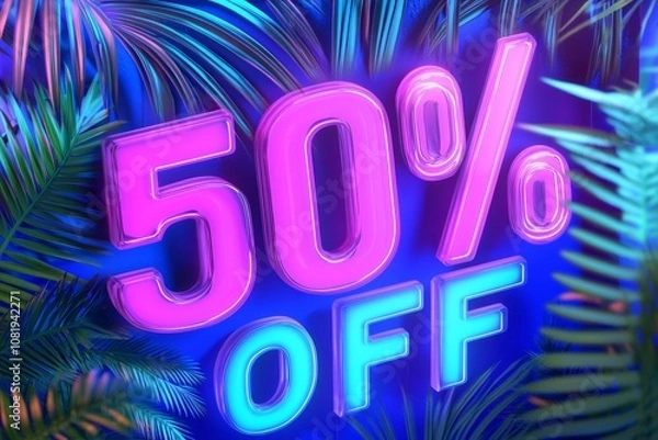Fototapeta Vibrant, eye-catching "50% OFF" in 3D with dynamic shadows and glowing effects, ideal for sales or promotional banners. 